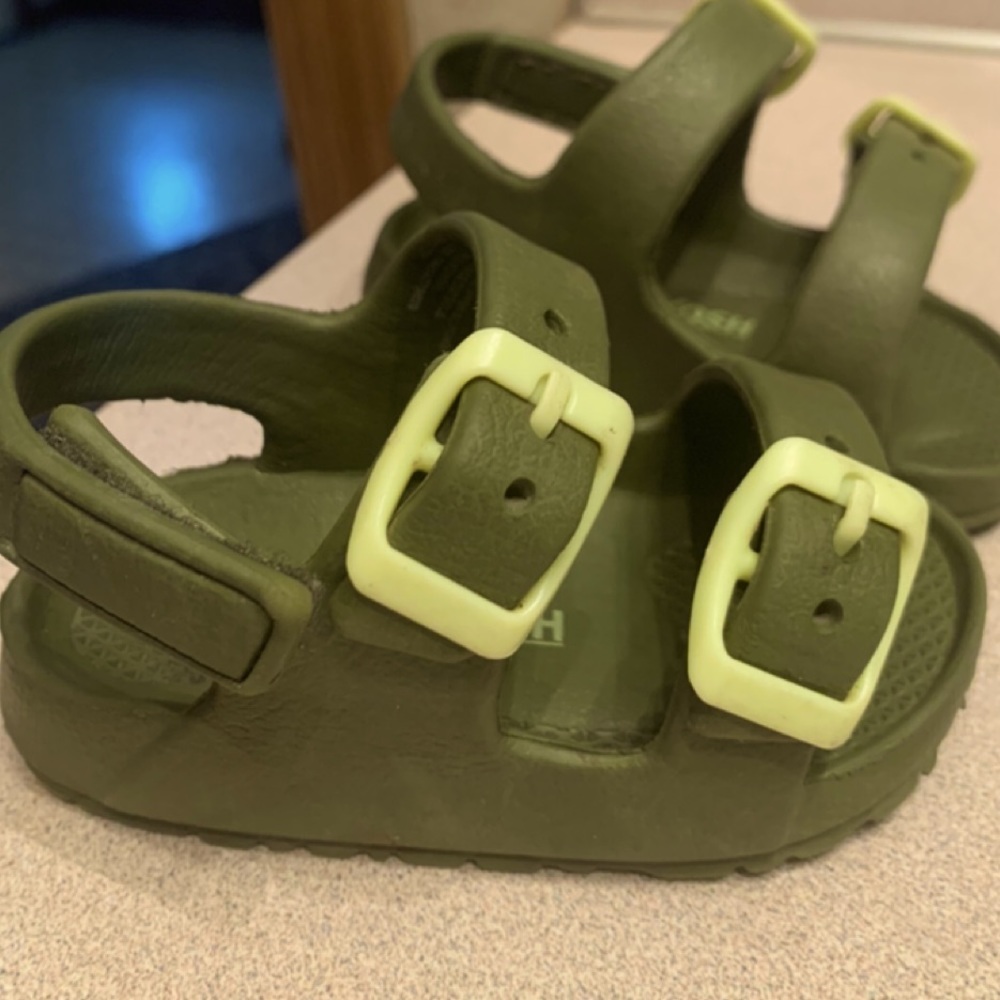 Kids size 4 months sandals. Green and neon yellow. Burk style.